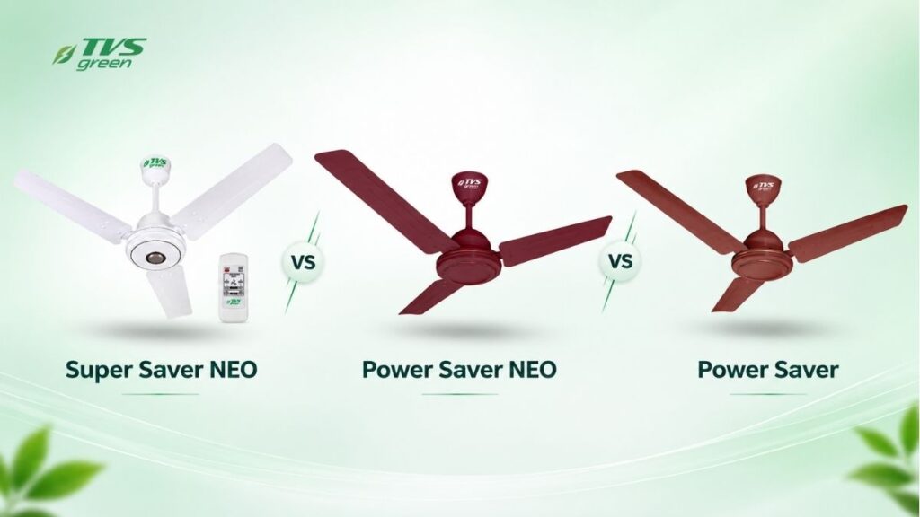 Super Saver NEO, Power Saver NEO and Power Saver ceiling fans compared side by side